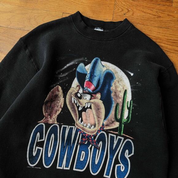 1993 Vintage Dallas Cowboys NFL Taz Looney Tunes Retro Sweatshirt Salem‎ L Black - Picture 2 of 9